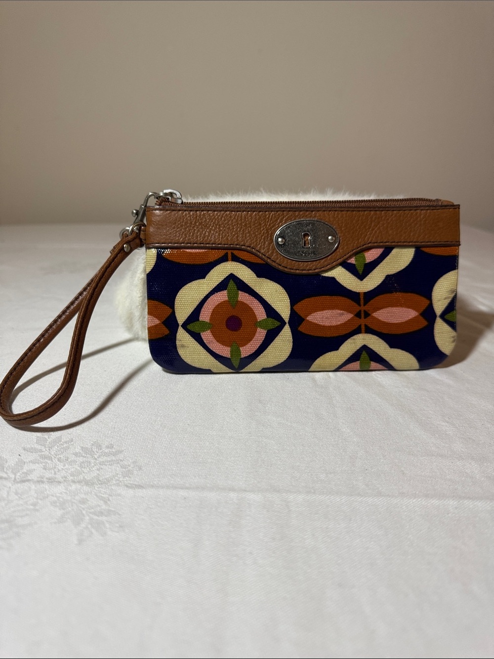 Fossil Navy Floral Geometric Leather-Trim Wristlet